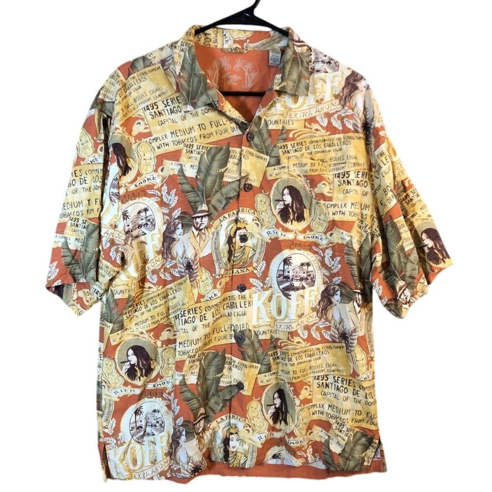 Montego Mon Mens Shirt Orange Island Inspired Resort Wear Button Down Silk M